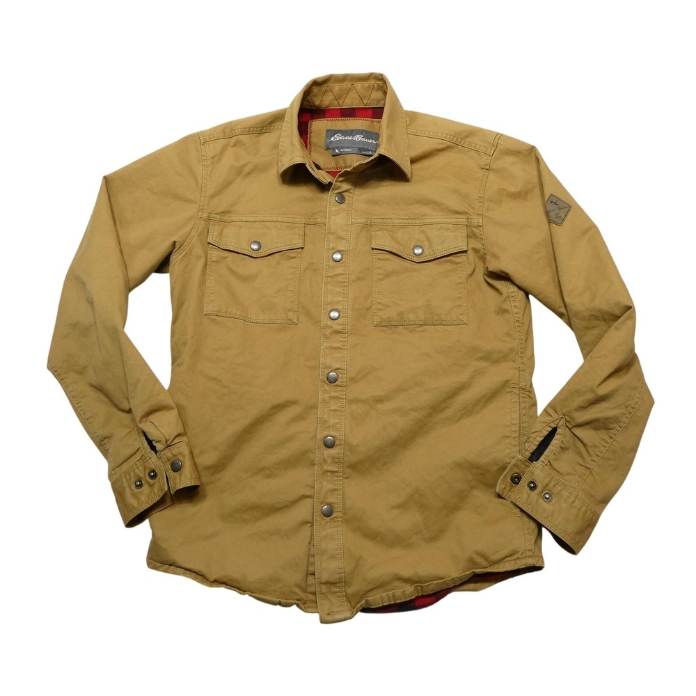 Eddie Bauer Jacket Mens Small Beige Canvas Plaid Lined Snap Shirt Outdoor